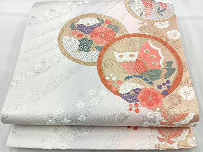 平和屋着物◎六通柄袋帯　唐織　花蝶丸文　金銀糸　正絹　逸品　BAAR2917cm