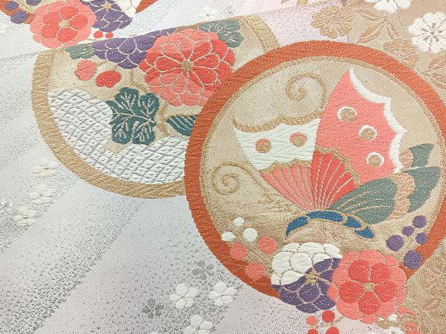 平和屋着物◎六通柄袋帯　唐織　花蝶丸文　金銀糸　正絹　逸品　BAAR2917cm