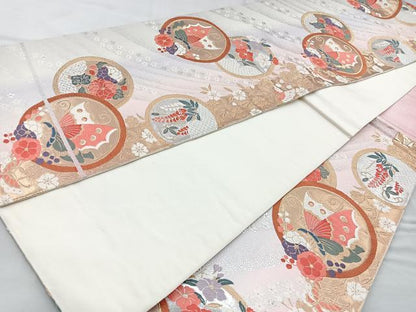 平和屋着物◎六通柄袋帯　唐織　花蝶丸文　金銀糸　正絹　逸品　BAAR2917cm