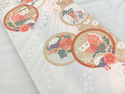 平和屋着物◎六通柄袋帯　唐織　花蝶丸文　金銀糸　正絹　逸品　BAAR2917cm