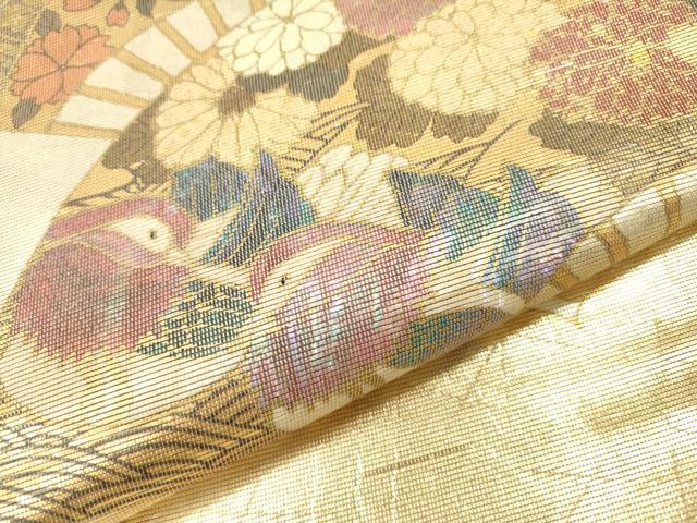 平和屋着物●太鼓柄袋帯　螺鈿箔　扇面鴛鴦花文　金彩　引箔　正絹　逸品　DAAP4785fe