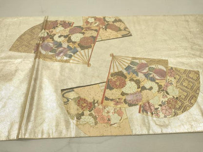 平和屋着物●太鼓柄袋帯　螺鈿箔　扇面鴛鴦花文　金彩　引箔　正絹　逸品　DAAP4785fe