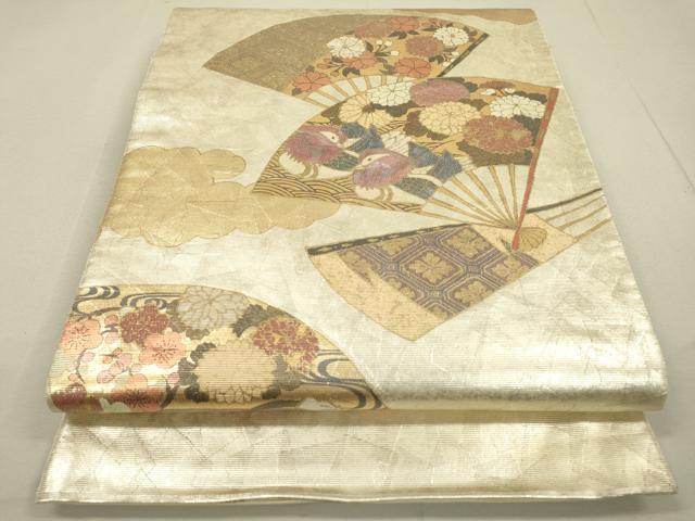 平和屋着物●太鼓柄袋帯　螺鈿箔　扇面鴛鴦花文　金彩　引箔　正絹　逸品　DAAP4785fe