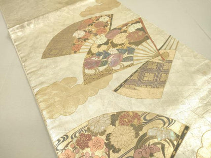 平和屋着物●太鼓柄袋帯　螺鈿箔　扇面鴛鴦花文　金彩　引箔　正絹　逸品　DAAP4785fe
