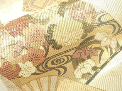 平和屋着物●太鼓柄袋帯　螺鈿箔　扇面鴛鴦花文　金彩　引箔　正絹　逸品　DAAP4785fe