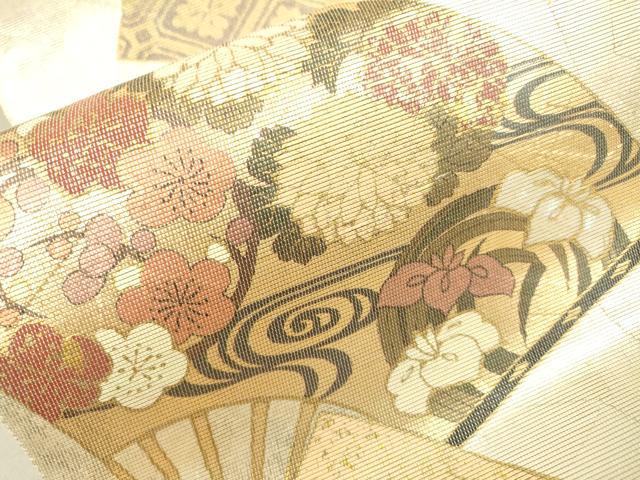 平和屋着物●太鼓柄袋帯　螺鈿箔　扇面鴛鴦花文　金彩　引箔　正絹　逸品　DAAP4785fe