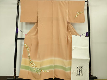 平和屋本店■極上　銀座　志ま亀　訪問着　草花文　深支子色地　金彩　鬼しぼ縮緬　たとう紙付き　逸品　DZAA4228kh5