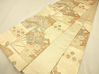平和屋着物◎佐賀錦 六通柄袋帯 扇面花文 金糸 引箔 正絹 逸品 CAAP8101ft