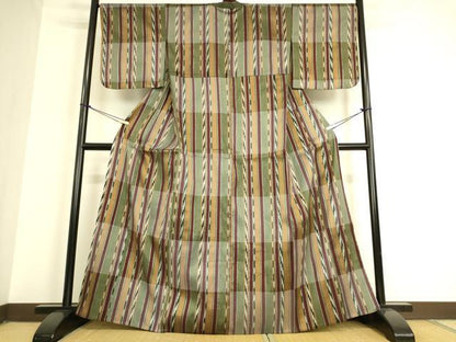 平和屋着物▽上質な紬 単衣 市松間道 銀糸 正絹 逸品 DAAQ3589az