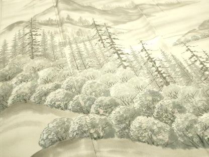 平和屋着物▽訪問着 単衣 遠山樹林文 手描き 銀彩 正絹 逸品 DAAQ3594az