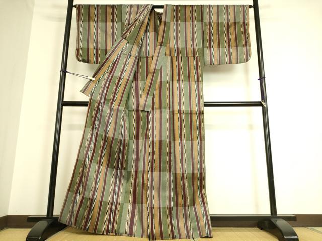 平和屋着物▽上質な紬 単衣 市松間道 銀糸 正絹 逸品 DAAQ3589az