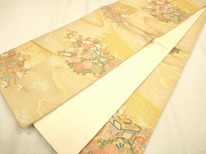 平和屋着物◎六通柄袋帯 御所車花文 金糸 正絹 逸品 CAAP8105ft