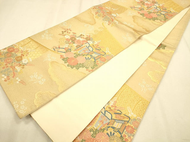 平和屋着物◎六通柄袋帯 御所車花文 金糸 正絹 逸品 CAAP8105ft