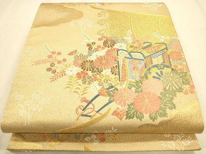 平和屋着物◎六通柄袋帯 御所車花文 金糸 正絹 逸品 CAAP8105ft