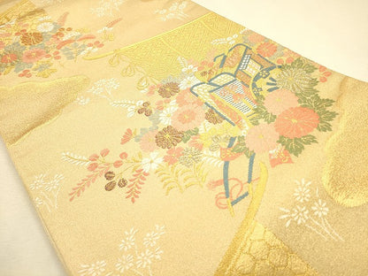 平和屋着物◎六通柄袋帯 御所車花文 金糸 正絹 逸品 CAAP8105ft
