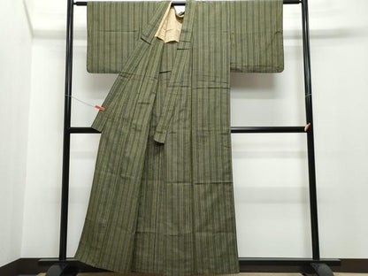 平和屋着物▽上質な紬 単衣 縞 正絹 逸品 CAAQ0047vf