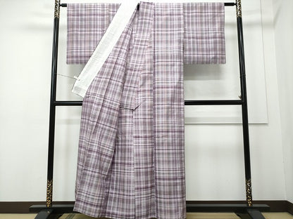 平和屋着物▽上質な紬 単衣 格子柄 正絹 逸品 CAAP4389vf