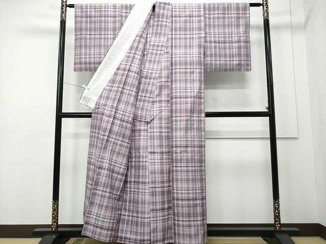 平和屋着物▽上質な紬 単衣 格子柄 正絹 逸品 CAAP4389vf
