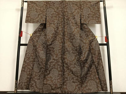 平和屋着物▽上質な紬 単衣 草花文 正絹 逸品 AAAS1503oa
