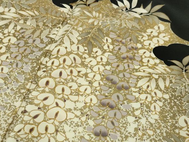平和屋本店▽極上 訪問着 単衣 駒刺繍 藤花房 饅頭菊 黒地 金彩 逸品 DZAA5018kh5