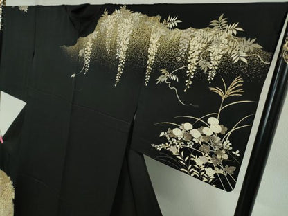 平和屋本店▽極上 訪問着 単衣 駒刺繍 藤花房 饅頭菊 黒地 金彩 逸品 DZAA5018kh5