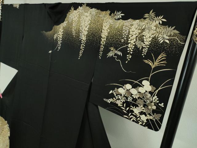 平和屋本店▽極上 訪問着 単衣 駒刺繍 藤花房 饅頭菊 黒地 金彩 逸品 DZAA5018kh5