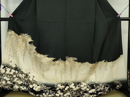 平和屋本店▽極上 訪問着 単衣 駒刺繍 藤花房 饅頭菊 黒地 金彩 逸品 DZAA5018kh5