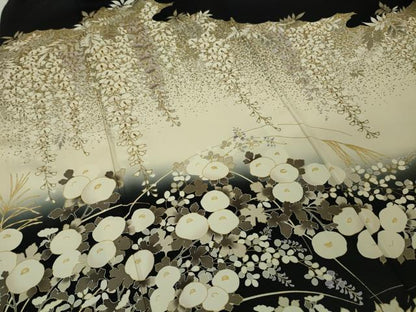 平和屋本店▽極上 訪問着 単衣 駒刺繍 藤花房 饅頭菊 黒地 金彩 逸品 DZAA5018kh5