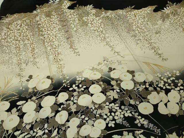 平和屋本店▽極上 訪問着 単衣 駒刺繍 藤花房 饅頭菊 黒地 金彩 逸品 DZAA5018kh5