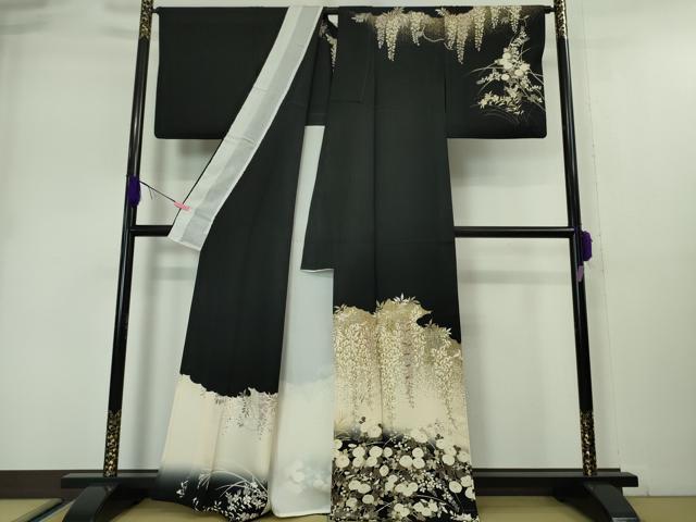 平和屋本店▽極上 訪問着 単衣 駒刺繍 藤花房 饅頭菊 黒地 金彩 逸品 DZAA5018kh5