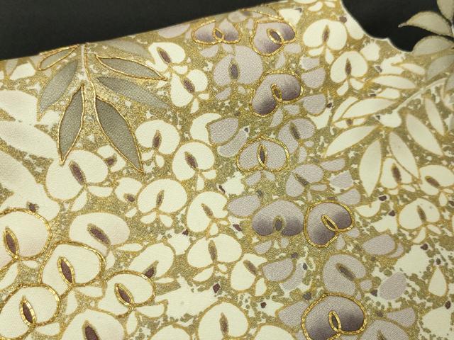 平和屋本店▽極上 訪問着 単衣 駒刺繍 藤花房 饅頭菊 黒地 金彩 逸品 DZAA5018kh5