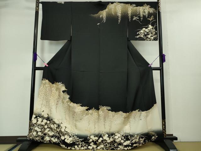 平和屋本店▽極上 訪問着 単衣 駒刺繍 藤花房 饅頭菊 黒地 金彩 逸品 DZAA5018kh5