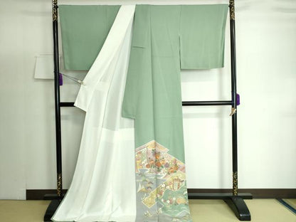 平和屋着物●豪華色留袖 駒刺繍 飛鶴吉祥花文 金彩 ロング丈 正絹 逸品 DAAP1883ic