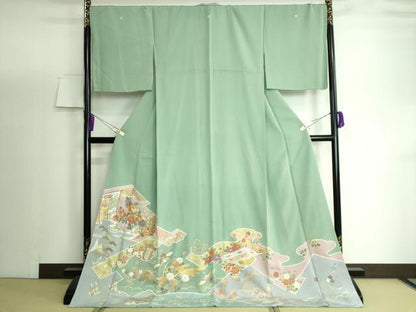 平和屋着物●豪華色留袖 駒刺繍 飛鶴吉祥花文 金彩 ロング丈 正絹 逸品 DAAP1883ic