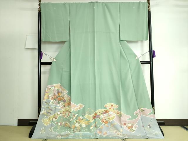 平和屋着物●豪華色留袖 駒刺繍 飛鶴吉祥花文 金彩 ロング丈 正絹 逸品 DAAP1883ic