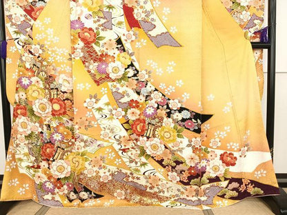 平和屋着物●豪華振袖　刺繍　御所車草花文　暈し染め　金彩　正絹　逸品　AAAQ0761np