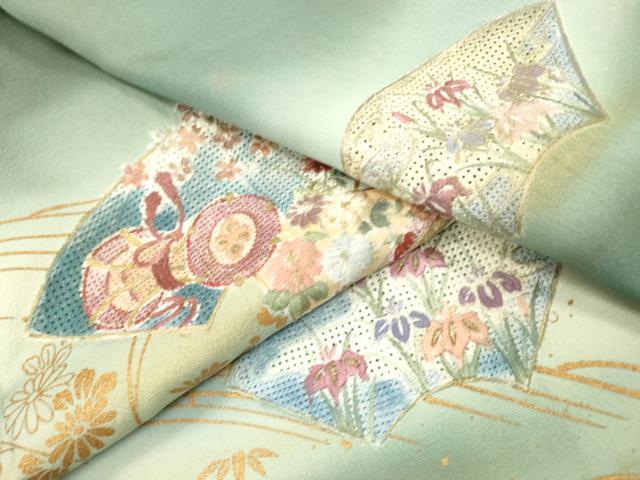 中国三大刺繍 汕頭 刺繍 裄66 地模様 一つ紋 付下げ 訪問着 T-4774 平和屋着物□中国三大刺繍 スワトウ刺繍 汕頭刺繍 訪問着 地紙