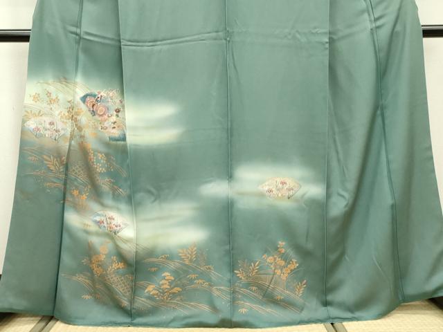 スワトウ刺繍 金彩 霞 扇 牡丹 付け下げ 着物 093w p （特選作家