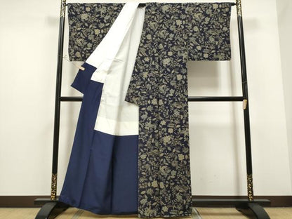 平和屋着物●藍染工房・こんや　全国阿波藍染染織作家協会会員　松本輝夫　小紋　休み鳥更紗花唐草文　正絹　逸品　CAAR1282hy