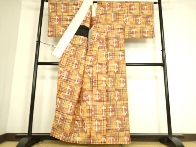紬 ★ 単衣 刺繍 エ霞 華文様 正絹 背伏せ付 y681 平和屋着物▽上質な紬 単衣 絣格子文 正絹 逸品 DAAQ4152az
