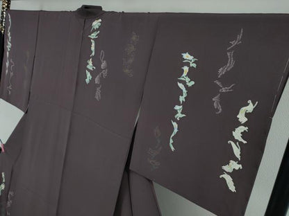 平和屋本店●極上 本加賀友禅作家 由水煌人 訪問着 歪な花 滅紫色地 反端付き 逸品 未使用 DZAA0102kh5
