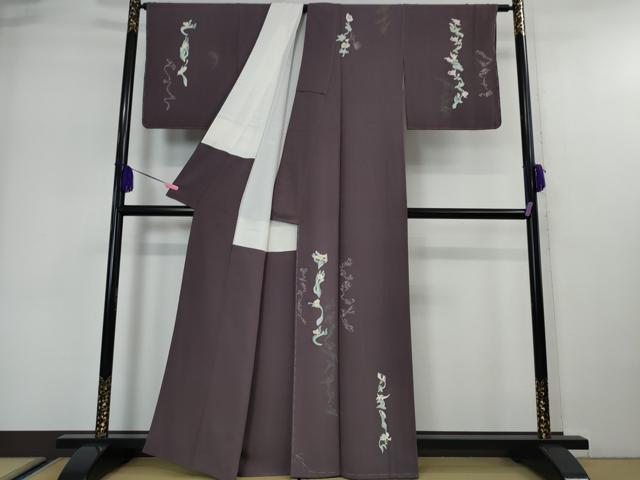平和屋本店●極上 本加賀友禅作家 由水煌人 訪問着 歪な花 滅紫色地 反端付き 逸品 未使用 DZAA0102kh5