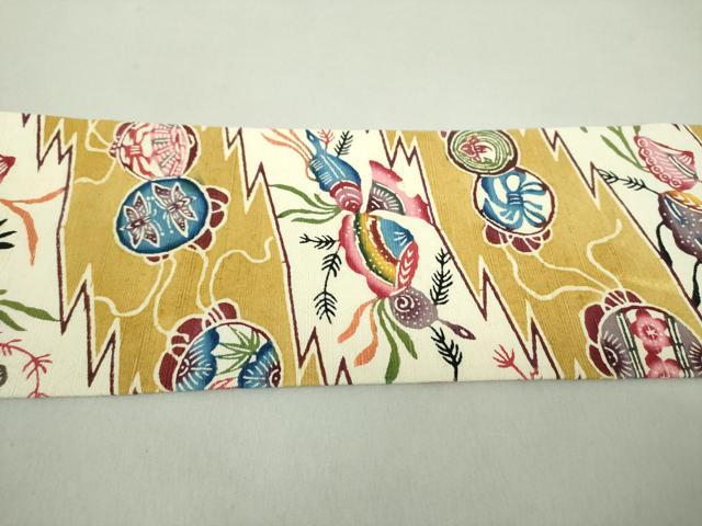平和屋着物●全通柄九寸名古屋帯　紬地　本場琉球紅型　吉祥花文　正絹　逸品　DAAQ3017ps