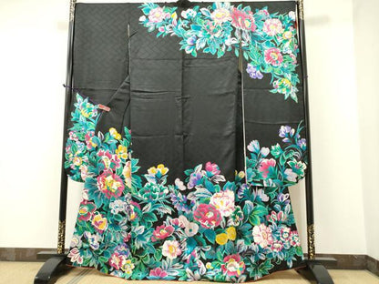 平和屋着物●豪華振袖 草花文 黒地 金彩 正絹 逸品 DAAR0318yyy