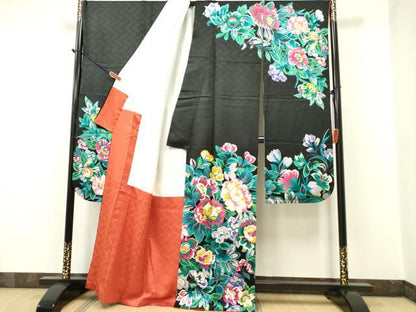 平和屋着物●豪華振袖 草花文 黒地 金彩 正絹 逸品 DAAR0318yyy