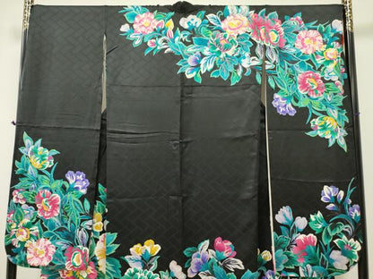平和屋着物●豪華振袖 草花文 黒地 金彩 正絹 逸品 DAAR0318yyy