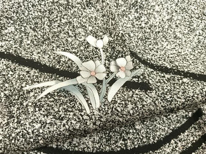 平和屋着物▽上質な小紋 単衣 舞花文 たたき染め 黒地 正絹 逸品 BAAS7852yc