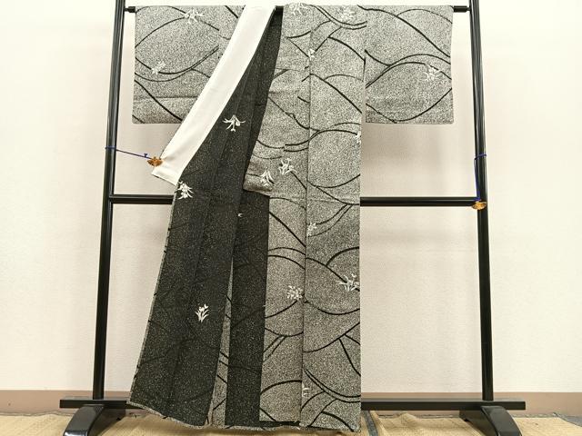 平和屋着物▽上質な小紋 単衣 舞花文 たたき染め 黒地 正絹 逸品 BAAS7852yc