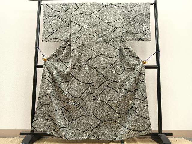 平和屋着物▽上質な小紋 単衣 舞花文 たたき染め 黒地 正絹 逸品 BAAS7852yc
