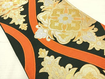 平和屋着物◎六通柄袋帯 立涌正倉院花文 黒地 金銀糸 正絹 逸品 AAAT6165yx